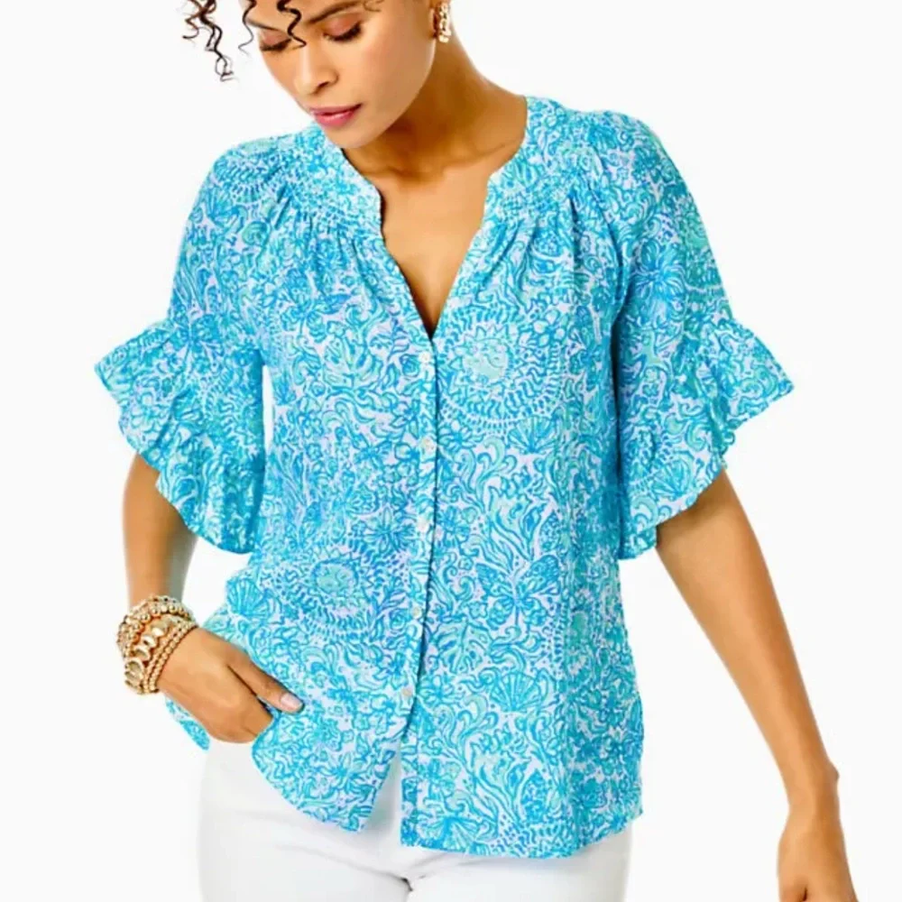 Lilly Pulitzer Linen Tayla Blouse Flutter Sleeve blue and aqua large - Picture 1 of 9